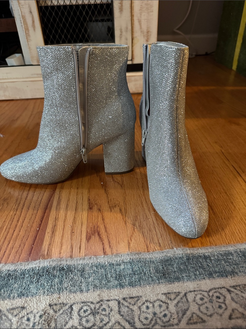 Silver Glitter Block Heel Ankle Boots - Women